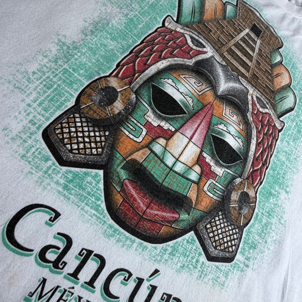 Cancun Mexico Mayan Mask Pyramid Graphic T-Shirt White Mens Large Souvenir Tee - Picture 6 of 8